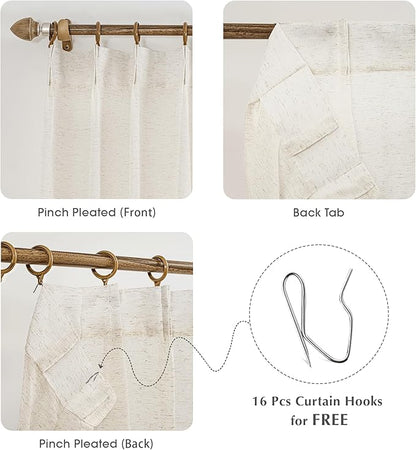 FMFUNCTEX Linen Sheer Pinch Pleated Curtains for Living Room, Linen Flax Beige 84 Inches Long Sheer Curtain See Through Panels for Bedroom, Natural Window Drapes for Farmhouse, Rod Pocket 2 Panels