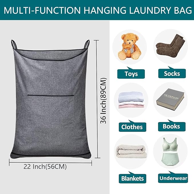 Hanging Laundry Hamper,Door Hanging Hamper with Width Opening, Over the Door Laundry bag with hooks, Laundry Collector and Over Door Storage Bag (36x22 Inch,Pop Grey)