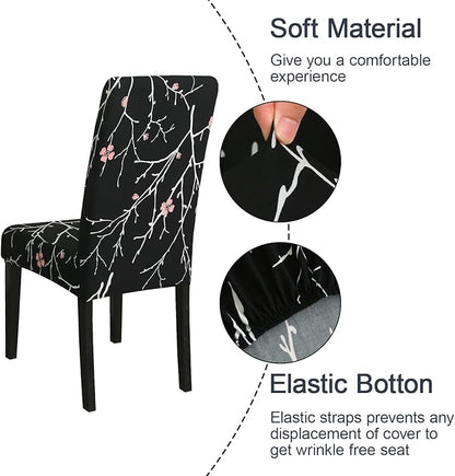JQinHome Pattern Chair Covers for Dining Room Set of 4, High Stretch Removable Washable Parsons Chair Slipcover for Home Party Hotel Wedding Ceremony (Flourish Black,4PCS)