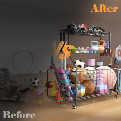 Sports Equipment Organizer, Garage Ball Storage Racks - Outdoor Toy Storage with 2 Side Racks & Removable Baskets, Heavy-Duty Garage Rolling Ball Cart with Wheels, Hooks for Toys, Sports Gear