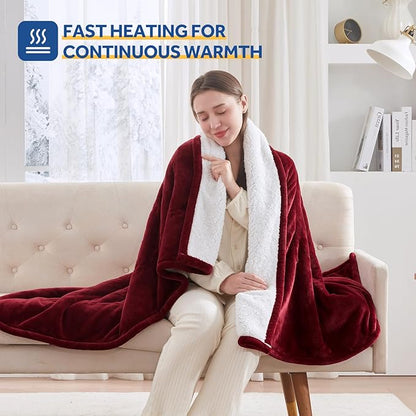 Sealy Electric Blanket Throw Size 50"*60",Super Cozy Flannel to Sherpa Reversible Heated Blanket Throw with 6 Heating Levels & 2-10 Hours Auto Off Overheating Protection Machine Washable,Red