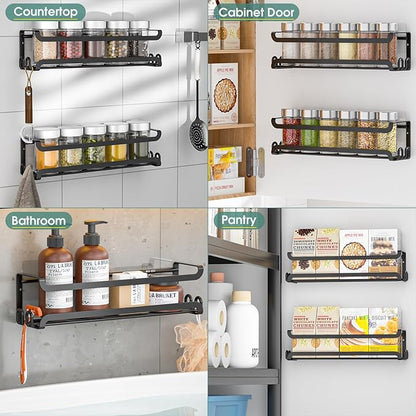 LUCYCAZ 4 Pack Wall Mounted Spice Rack with 16 Hooks, Spice Organizer Shelf for Stove Cabinet Pantry Door,Screw or Adhesive Spice Shelf Hanging Wall Spice Rack in Kitchen and RV (Black, 4 PACK)