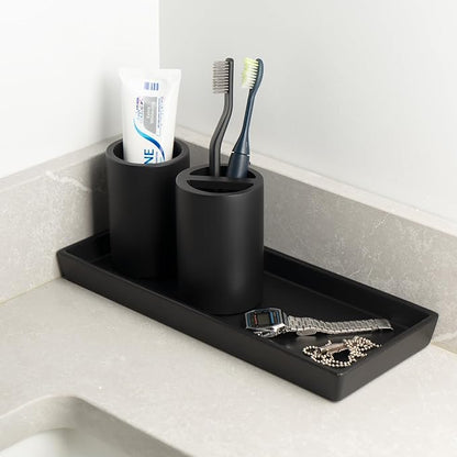 Matte Black Toothbrush Holder for Bathrooms – Modern Resin Countertop Organizer with Slots, Compact Toothbrush and Toothpaste Storage for Vanity, Hotel, Airbnb (Black)