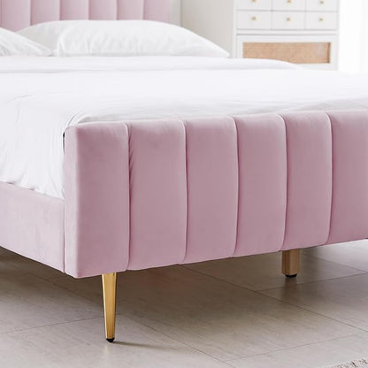 Livinia Twin Size Elton Velvet Platform Bed, Upholstered Bed Frame with Vertical Channel Tufted Headboard Footboard, Strong Wood Slats, No Box Spring Needed, Pink (Twin)
