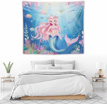 HZOHNAGO Mermaid Girls Tapestry Watercolor Mermaid Princess Pattern Printed Wall Tapestry Wall Hanging for Bedroom Living Room Dorm 60" W x 50" H