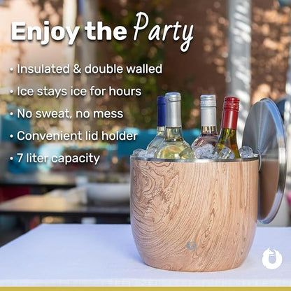 SNOWFOX XL Premium Vacuum Insulated Double Wall Stainless Steel Ice Bucket with Lid/Scoop, Bar Accessories, Large Elegant Party Bucket, Chill Several Bottles, Beautiful Entertaining, 7L, Dark Walnut