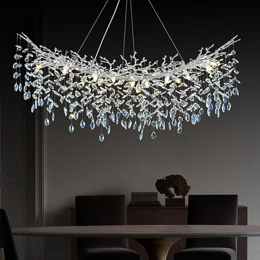 Modern Crystal Silver Chandelier, 55" Large Rectangular Oval Tree Branch Crystal Chandeliers for Dining Room,16-Light Flush Mount K9 Crystal Chandeliers, for Kitchen Island,Dining Room