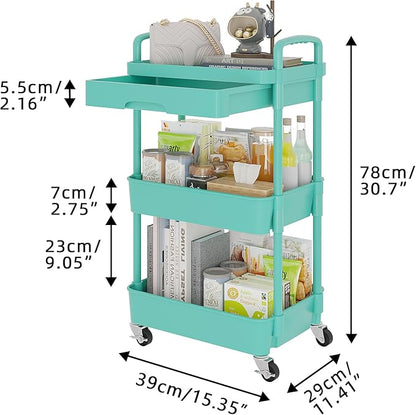 Calmootey 3-Tier Rolling Utility Cart with Drawer,Multifunctional Storage Organizer with Plastic Shelf & Metal Wheel,Storage Cart for Kitchen,Bathroom,Living Room,Office,Green