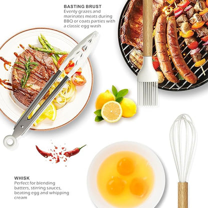 Silicone Cooking Utensils Set - 446°F Heat Resistant Silicone Kitchen Utensils for Cooking,Kitchen Utensil Spatula Set w Wooden Handles and Holder for Non-Stick Cookware, BPA FREE (Cream White)