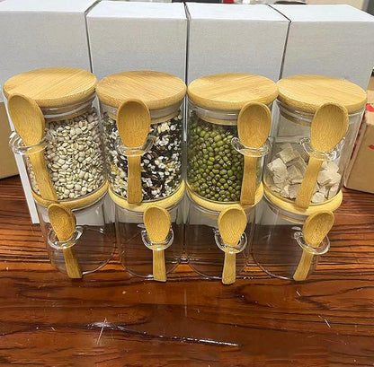 7.6 oz Airtight Mini Glass Jars with Bamboo Lids and Bamboo Spoons, Spice Jars Small Food Storage Containers for Kitchen, Bathroom, Home Decor Set of 8
