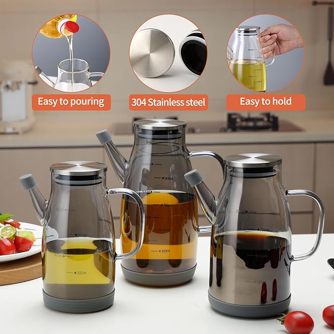 Large Glass Oil Dispenser Bottle for Kitchen Cooking Recipiente Para Aceite De Cocina Olive Oil Vinegar Dispenser Cruet Stainless Steel Lid No Drip Liquid Container (Grey, 20oz / 600ml)