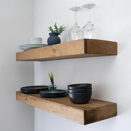 Modern Floating Shelves 3 Inches Thick for Wall, Wide Shelves for Kitchen, Living Room, Bedroom, and Bathroom, Natural Pine Wood, Rustic Wooden Shelf, (Set of 2) (Aged Oak, 36Lx3Hx6D)