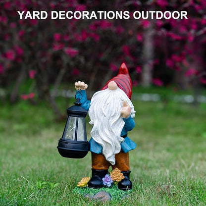 Solar Garden Statue Lights Gnome Figurine with Solar Lantern, Outdoor Garden Succulent Ornaments Waterproof, Fathers Day Mom Gifts for Outside Patio Yard Lawn Decor