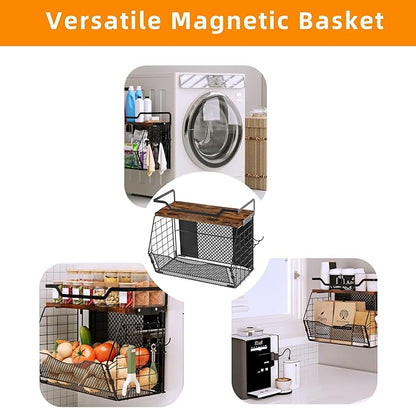 Magnetic Shelf for Fridge with Wood Lid, Large Capacity Magnetic Spice Rack for Refrigerator with 4 Hooks, Magnetic Basket for Kitchen Pantry Laundry Organizers Storage(2 Pack)