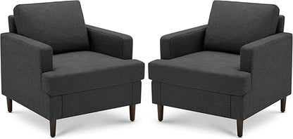 Mid-Century Accent Chair,Modern Linen Fabric Armchair for Living Room,Comfy Upholstered Reading Accent Chairs for Bedroom,Single Sofa Chair with Wood Legs (Dark Grey, 2 Pack)