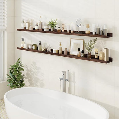 Floating Picture Ledge Shelves 72 Inch Solid Oak Wood Set of 2, Rustic Wall Storage Shelves with Lip, Kids Bookshelf, Photo & Picture Ledge Shelves for Bedroom, Living Room, Kitchen