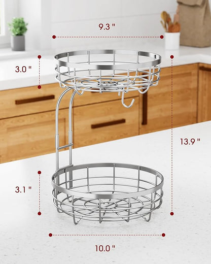 Fruit Basket for Kitchen Counter - 2-Tier Large Capacity Fruit Bowl with Detachable Banana Hanger, Rust-Proof Metal Fruit Holder for Vegetables, Bread, Toiletry,10" D x 10" W x 14" H, Silver.
