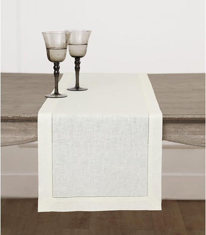 Solino Home Linen Ivory Table Runner 120 Inches Long - 100% Pure Linen 14 x 120 Inch Table Runner for Fall, Autumn, Thanksgiving - Classic Hemstitch