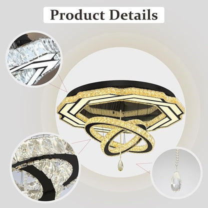 Flashing God Large Crystal Chandelier Dia 48" Black Chandelier Flush Mount Ceiling Light for Bedroom Living Room Dining Room Hallway Dimmable 3 Rings LED Celing Lighting Fixtures