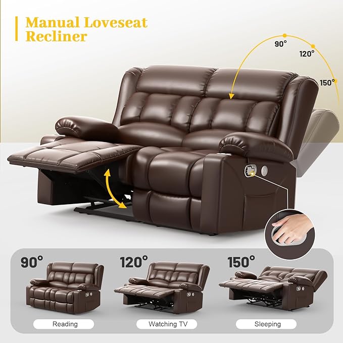 RV Loveseat Recliner Sofa, PU Leather RV Reclining Loveseat with USB Charge Ports, Cup Holders, 2 Seater Manual Pull Tab Recliner Sofa Couches for Living Room/RV, Brown