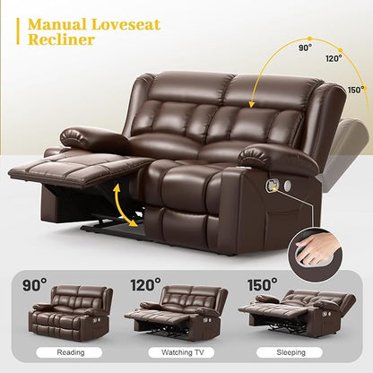 RV Loveseat Recliner Sofa, PU Leather RV Reclining Loveseat with USB Charge Ports, Cup Holders, 2 Seater Manual Pull Tab Recliner Sofa Couches for Living Room/RV, Brown