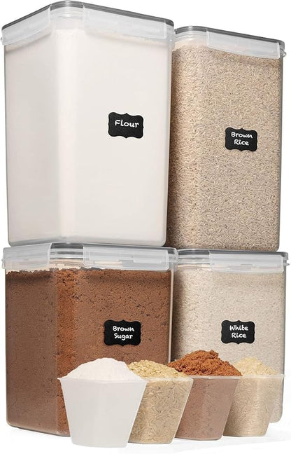 WHITE FEATHER SUPPLIES 4 Pc Flour Sugar Storage Container, Large Food Storage Containers with Lids Airtight for Kitchen, BPA Free Plastic Cereal Containers Storage [2 X 6.5 + 2 X 5.2] 4 Measuring Cup