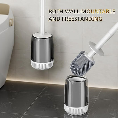 Silicone Toilet Brush and Holder Set with L-Shaped Brush Head, Wall Mounted Toilet Brush Set with Long Non-Slip Handles, Compact Toilet Bowl Cleaner Brush Suitable for RV Trailers & Bathroom (1 Pack)