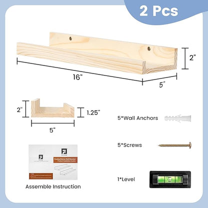 Picture Ledge Shelf for Wall, 16 inch Solid Pine Wood Nursery Book Shelves 2 Packs, Floating Ledge Shelves for Kids' Room Bedroom Bathroom Living Room Photo Frames Office Nursey Wall Decor, Natural