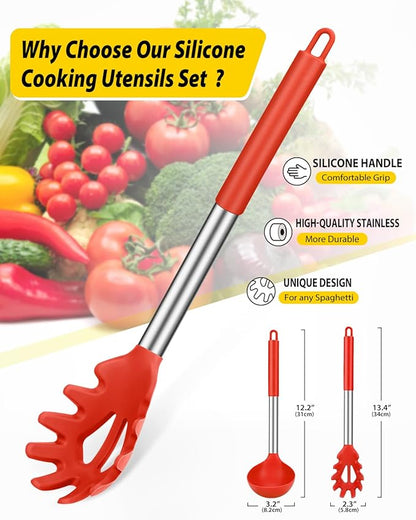 Silicone Pasta Fork and Ladle Spoon Set, Large Non Stick Kitchen Utensils for Cooking,Stirring,Serving Spaghetti, Soup, Sauce (RED)