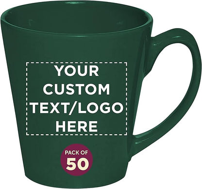 DISCOUNT PROMOS Custom Glossy Ceramic Latte Coffee Mug 12 oz. Set of 50, Personalized Bulk Pack - Perfect for Tea, Espresso, Cappuccino, Hot Cocoa - Green