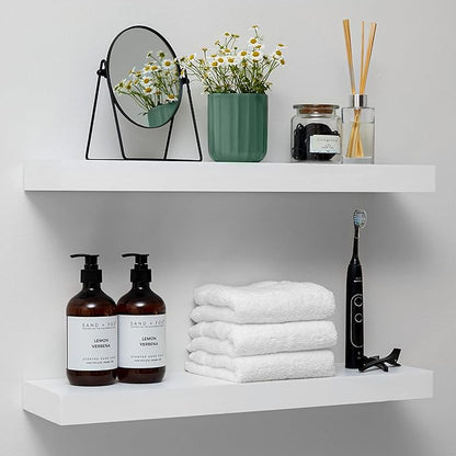 Homeforia White Floating Shelves 24 inch, High End Solid Real Wood 24inch Bathroom Floating Shelf for Wall Mounted, White Wooden 24in Floating Shelves, Heavy Duty Bracket, 24 X 6.5 X 1.75 in, Set of 4