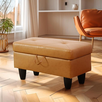 Ottoman Rectangular Storage Ottoman Bench, Faux Leather Footrest, Coffee Table, Stool Footstool with Hinged Lid for Living Room, Bedroom, Entryway, Orange, 28.5"x19"x17.5"