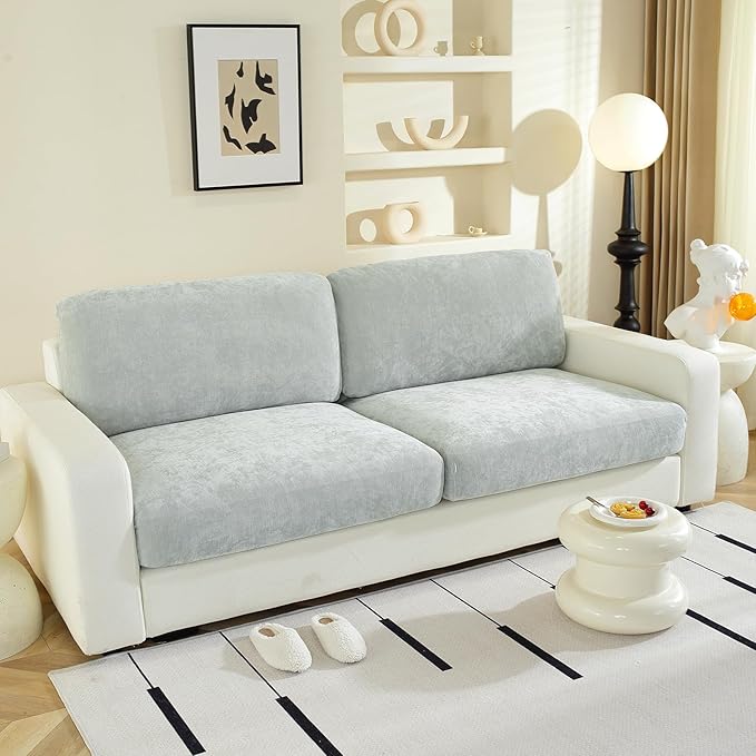 Large Backrest Cushion Covers Super Stretch Backrest Covers for 2 Cushion Couch Sofa, Couch Back Cushion Covers Featuring with Chenille Yarn (Softer Version, 2PC, Light Grey)