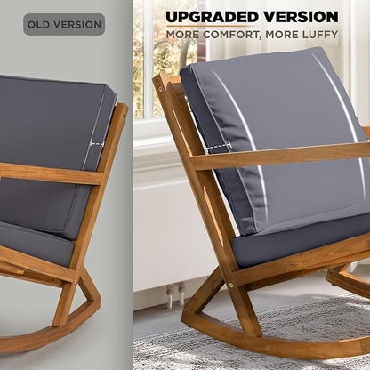 IDZO Club Rocking Chair 500lbs Capacity with Inclined Backrest, Thick Foam Cushion, Solid Acacia Wood Rocker for Patio, Backyard, Balcony, Porch, Grey