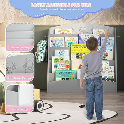 5-Tier Kids Bookshelf Montessori Toddler Book Rack Baby Bookcase Floor Front Facing Magazine Display Shelf for Bedroom Playroom Nursery Classroom Kindergarten Wood (Gray)