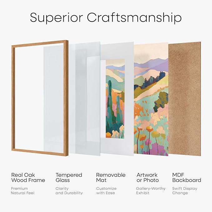 Homeforia 11x11 Picture Frame Wood, High-End Natural Oak 11 x 11 Thin Square Poster Frames with Mat 9 by 9 inch Photo, 11by11 Light Wooden Frame Matted to 9x9 Print, Tempered Glass, Wall Kit, Set of 1