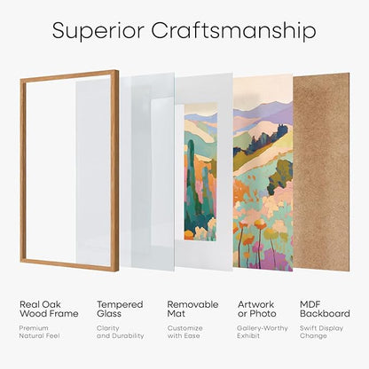 Homeforia 11x11 Picture Frame Wood, High-End Natural Oak 11 x 11 Thin Square Poster Frames with Mat 9 by 9 inch Photo, 11by11 Light Wooden Frame Matted to 9x9 Print, Tempered Glass, Wall Kit, Set of 1
