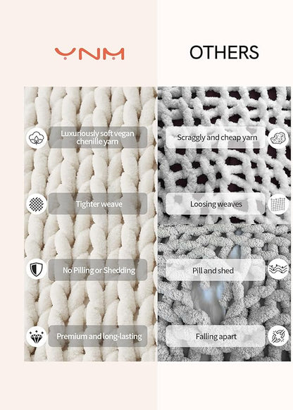 YnM Chunky Throw Blanket, Hand Knitted with Chenille Yarn, Skin Friendly, Ventilated and Breathable, Machine Washable, Home Décor Piece for Couch, Sofa and Bed (Butter Cream, 30x40 Inch)
