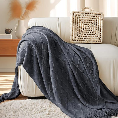 inhand Knit Graphite Grey Throw Blanket for Couch, Soft Living Room Home Decor Knitted Twin Size Blanket, Outdoor Lightweight Breathable Summer Blanket, Farmhouse Warm Woven Decorative, 60"x80"