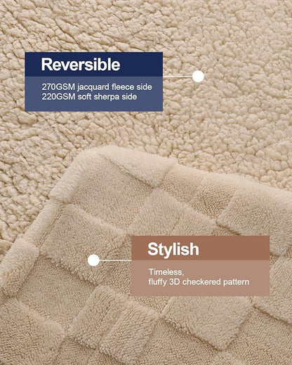 Pawque Super Soft Cozy Throw Blanket King Size for Couch Bed, Fluffy Sherpa Fleece Reversible Thick Warm Fuzzy Blanket for All-Season, 3D Checkered Jacquard Decorative Blankets, Khaki, 108"x90"