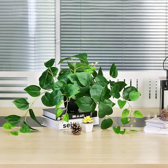 Tiita 1 Pack Fake Plants Artificial Scindapsus Aureus in Pots, Realistic Fake Greenery Potted Plants for Home Office Desk Window Sill Bathroom Bedroom Outdoor Indoor