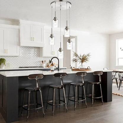 5 Light Farmhouse Pendant Lighting for Kitchen Island,Brushed Nickel Dining Room Cluster Pendant Light Fixtures Hanging Ceiling with Seeded Glass,Modern Pendant Light for Entrance Stairwell