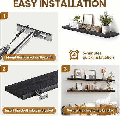 Floating Wall Shelves 2-Pack - 36-Inch Rustic Black Wooden Shelves for Storage and Décor, Easy Installation for Living Room, Bedroom, and Kitchen