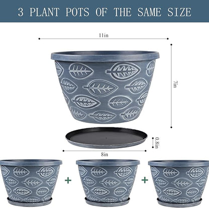 Outdoor Flower Pots for Plants Set of 3 Pack 11 Inch Planter Pot, Large Plastic Plant Pots Indoor Plants with Drainage Holes & Trays, Modern Decorative Garden Containers Sets for House(Blue)