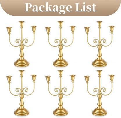 Sziqiqi Gold Taper Candle Holder for Centerpiece - 3-arm Candlesticks Holder for Wedding Table Centerpieces Metal Candle Stick Holders for Fireplace Mantle Set of 6