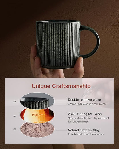 famiware Coffee Mug Set for 6, Star 12 oz Catering Mugs Cup Set with Handle for Coffee, Tea, Cocoa, Milk - Ceramic Stoneware Drinkware Set, Deep Forest