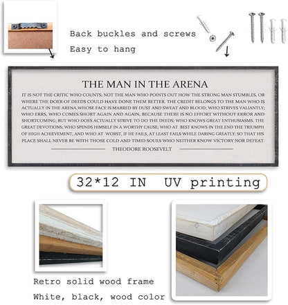 LuZhiQiang The Man in the Arena Wall Decor 32''x12'' Inspirational Quotes Office Wood Framed Sign Rustic Home Motivational Art For Man Entrepreneur Morden Living Room Wall Hanging Decor (Black)