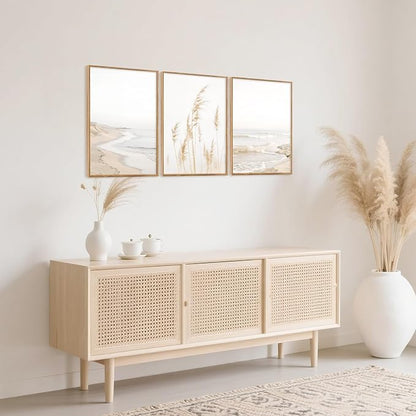 HPNIUB Modern Beach Artwork Seascape Wall Art, Seaside Framed Painting Reed Pathway Picture, Minimalist Neutral Coastal Landscape Wall Decor for Living Room,Bathroom -16'' x24'' x3