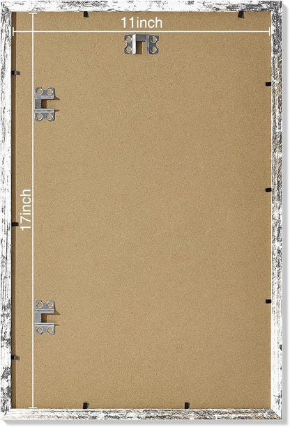 Vittanly 11x17 Picture Frames Set of 9, Shatter Resistant Plexiglass, Display 8x12 Pictures with Mat or 11x17 without Mat, Photo Frames for Wall Mount, Engineered Wood, Distressed White