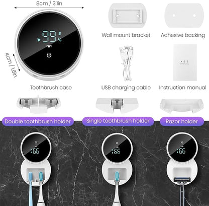 Toothbrush Holder and Cleaner for Bathroom,Minimalist Desktop and Wall Mounted Electric Toothbrush Razor Holder, Automatic Open Close Cover, Clean, Dry for Home Business Travel